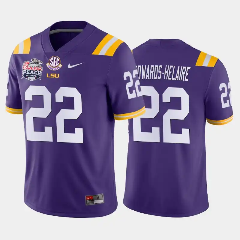 Men's LSU Tigers Clyde Edwards-Helaire #22 2019-20 Purple Peach Bowl Champions Away NCAA Football Jersey